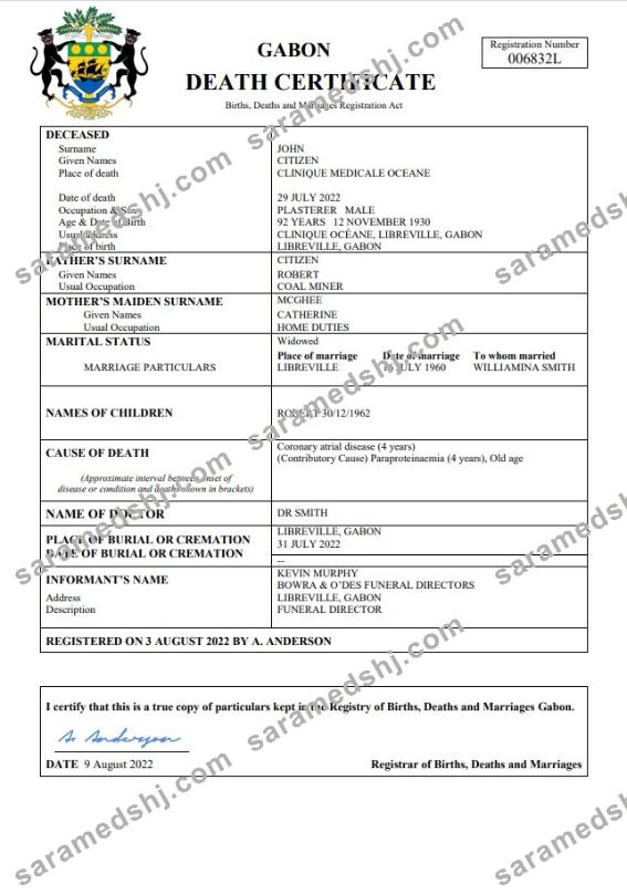 Gabon death certificate Word and PDF template